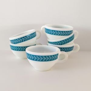 Set of 6 Vintage Pyrex Bluegrass Teacups Teal Laurel Leaf Milk Glass Cups U.S.A.
